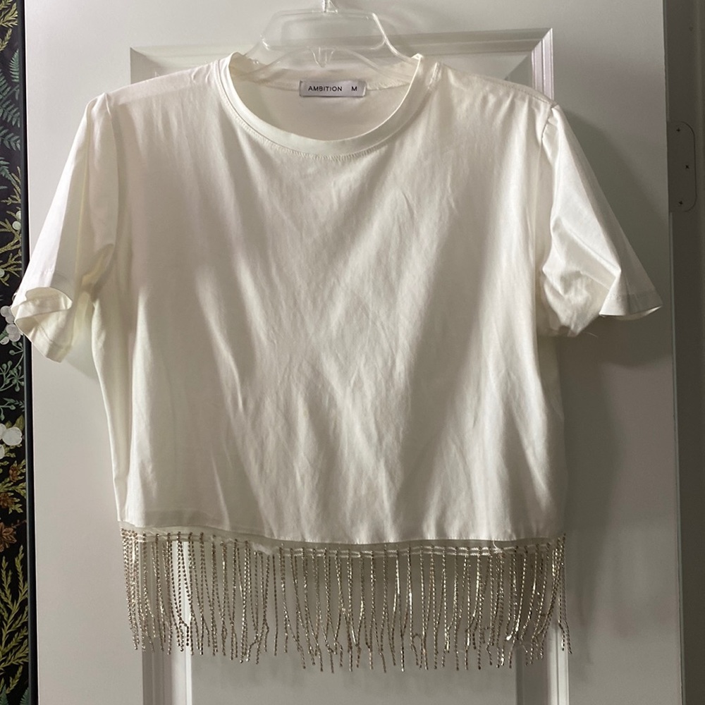 Medium white rhinestone fringe crop top